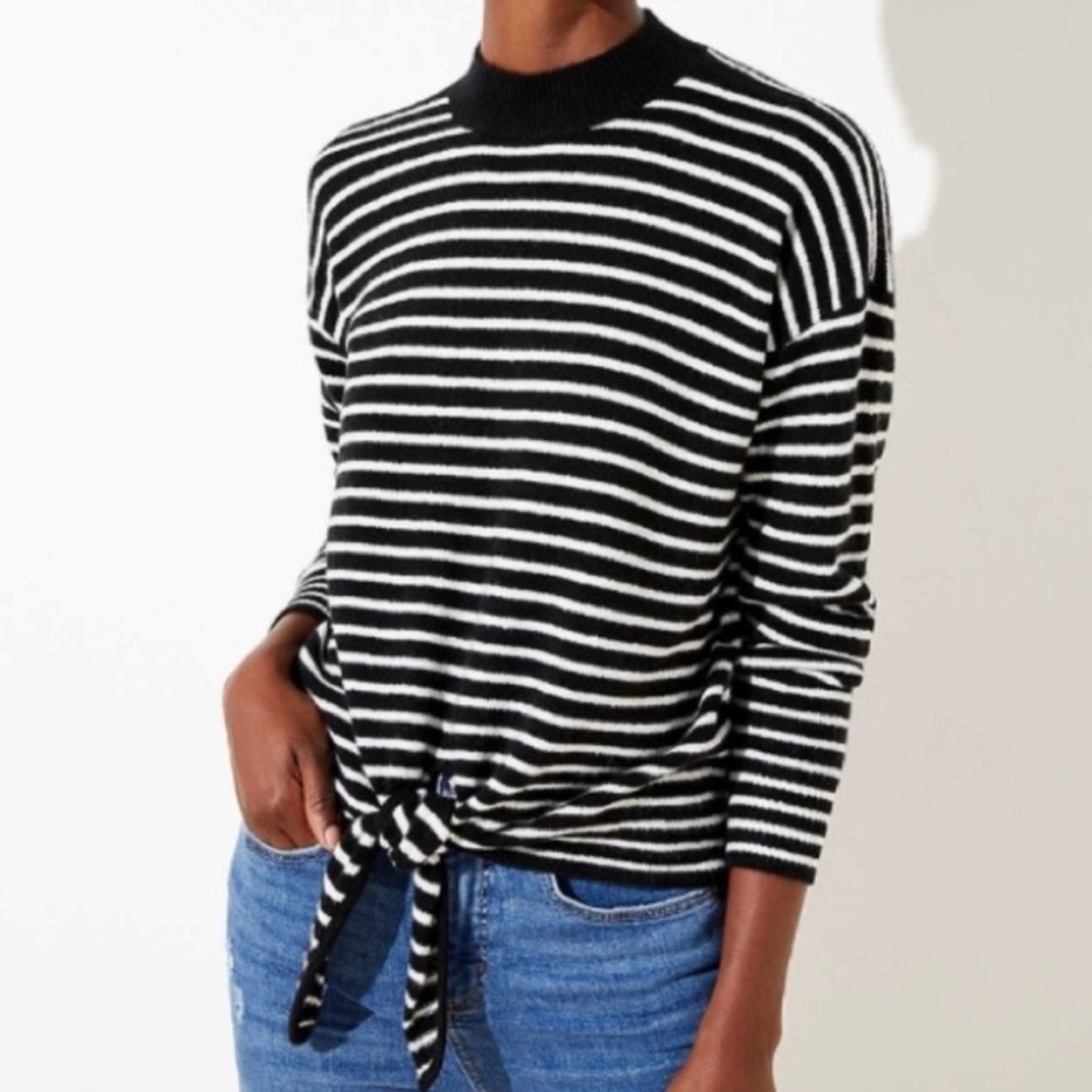 LOFT Black and White Striped Tie Front Hem Medium Sweater